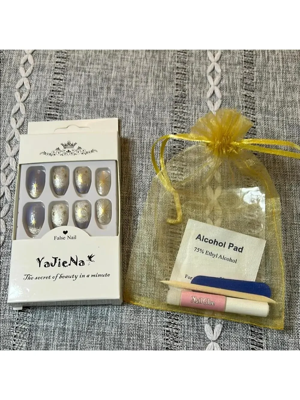 Gold and Blue False Nail Set with Accessories